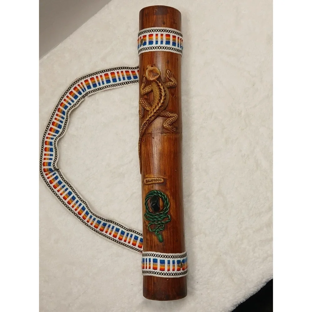 Vintage Hand Carved Bamboo‎ Galapagos Lizard Rainstick Shaker Woven Strap